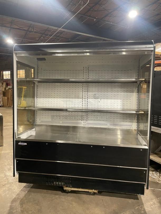 Federal Industries RSSD678SC5 open merchandiser display case, black with stainless steel interior, multi-tier, self-contained.