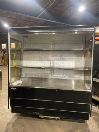 Federal Industries RSSD678SC5 open merchandiser display case, black with stainless steel interior, multi-tier, self-contained.