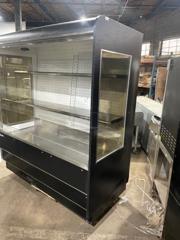 Federal Industries black multi-tier refrigerated open merchandiser, model RSSD678SC5, with stainless steel interior.