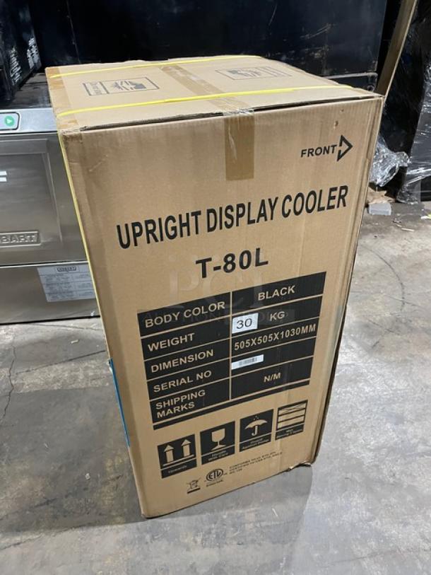 New ProCool T80L commercial black single glass door countertop merchandiser refrigerator in box, dimensions 505x505x1030mm.