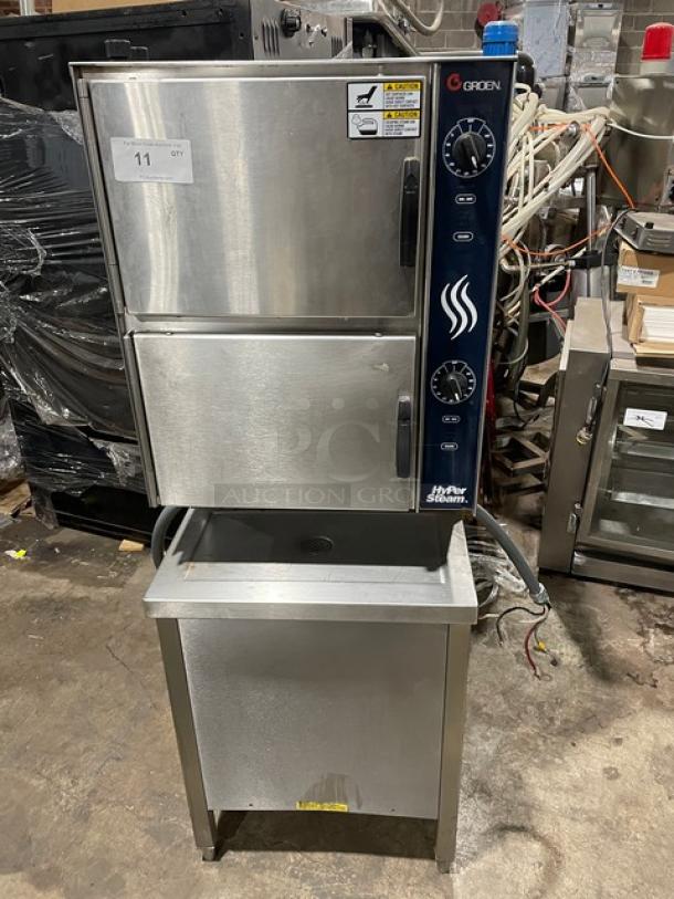 Groen HyPer-Steam Series Model HY-6E stainless steel dual compartment 6-pan convection steamer with individual controls and built-in pan rack.