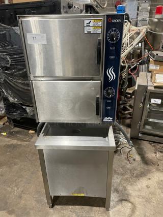 Groen HyPer-Steam Series Model HY-6E stainless steel dual compartment 6-pan convection steamer with individual controls and built-in pan rack.