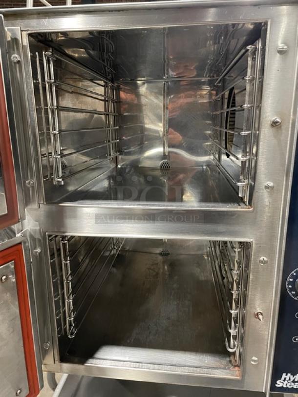 Groen HyPer-Steam Series dual-compartment 6-pan convection steamer, stainless steel, model HY-6E, individual controls, universal pan rack.