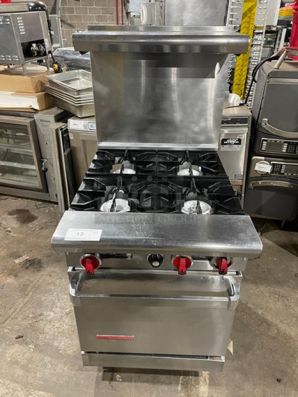 American Range commercial stainless steel 4-burner gas range/oven combo with backsplash, overhead salamander shelf, and wired oven rack.