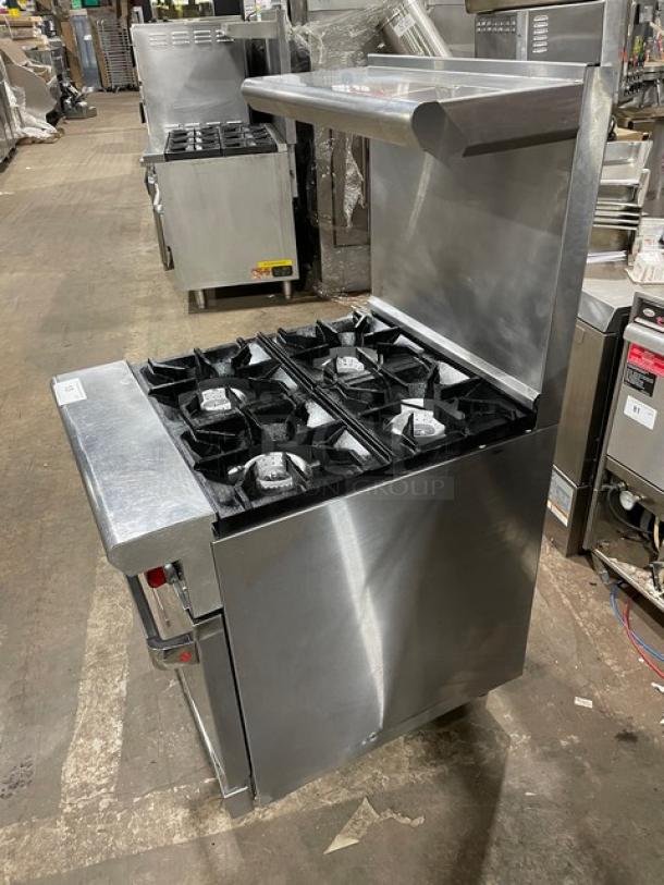 American Range commercial stainless steel 4-burner gas range/oven combo with backsplash, overhead salamander shelf, and wired oven rack.