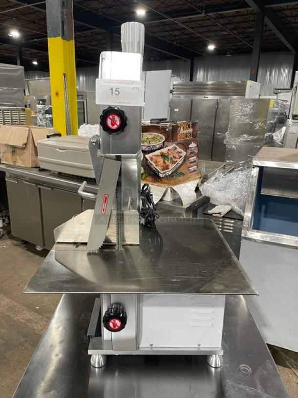 Universal HLS-1650A electric bone saw on legs; commercial-grade polished anodized aluminum, 110V, 1 phase, model SN: 25HL7209-121.