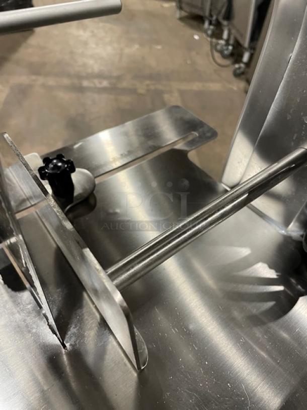 Universal HLS1650A bone saw, polished anodized aluminum, electric powered, countertop model with legs. High-performance features.