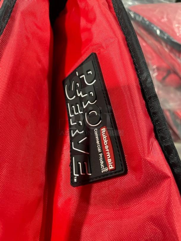 Rubbermaid ProServe red nylon insulated pizza delivery bag, model FG9F3700RED, new condition, branded tag visible.