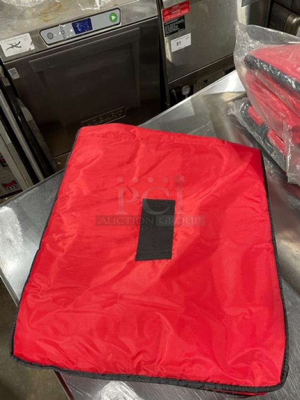 Rubbermaid ProServe red nylon insulated pizza delivery bag, Model FG9F3700RED, in new condition, commercial-grade.