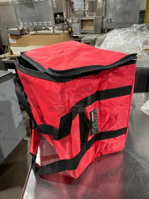 NEW! Rubbermaid ProServe red nylon insulated pizza delivery bag, Model FG9F3800RED, for 6 pies, in pristine condition.
