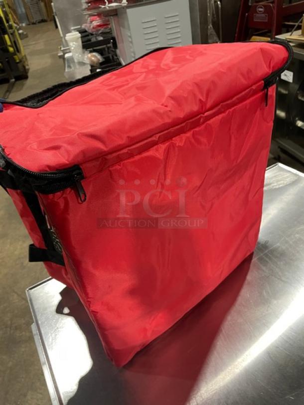 Rubbermaid ProServe red nylon insulated pizza delivery bag, Model FG9F3800RED, new condition, holds six pies.
