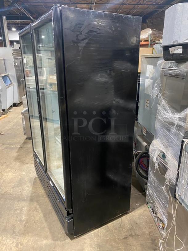 Imbera VRD43 commercial black double glass door refrigerator, Energy Star certified, poly-coated wire rack, 115V, 1-phase.