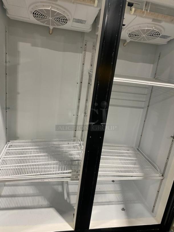 Imbera Commercial Black Double Glass Door Reach-In Refrigerator, Model VRD43, Energy Star Certified, with Poly Coated Wired Rack.