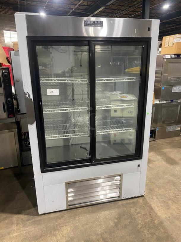Imbera VRD43 merchandiser fridge, double glass doors, poly coated racks, model LS48SC, 115V, SN: AA11C0612A.