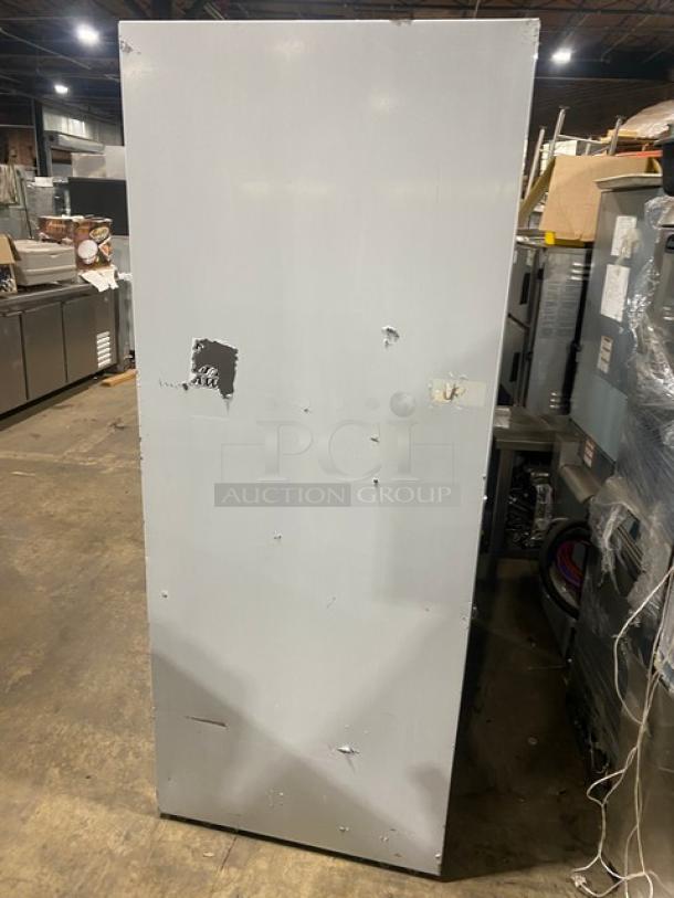 Imbera VRD43 commercial fridge, double swing doors, poly-coated racks, model LS48SC, SN: AA11C0612A, 115V, 1 Phase.