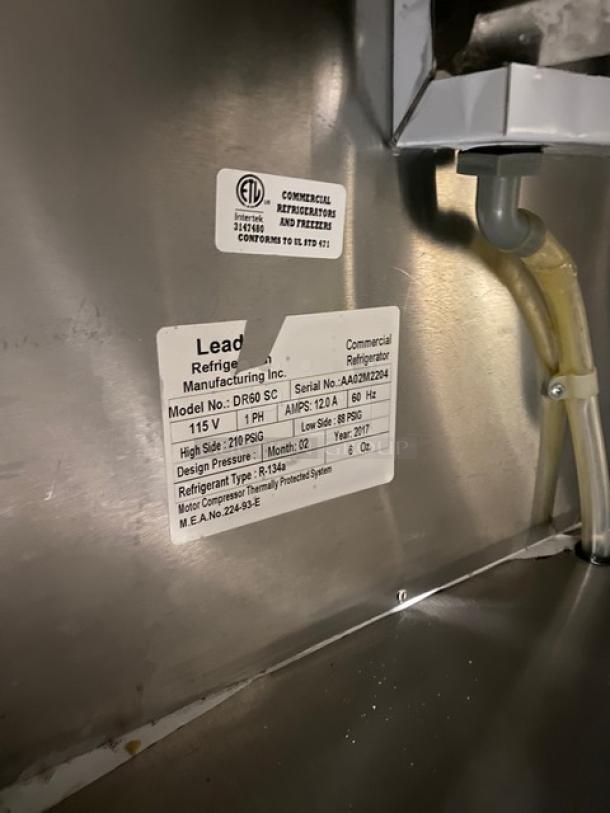 Leader DR60SC refrigerated prep table label, showing specs: 115V, 1 Phase, 120A, with SN: AA02M2204. Commercial use.