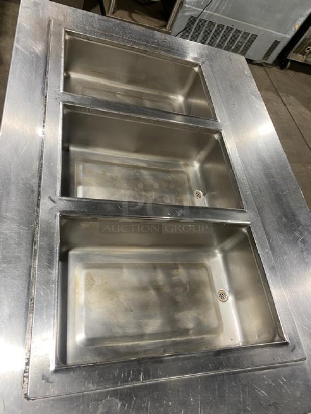 Wells MOD300TDM stainless steel 3-well steam table with thermostatic controls and undershelf, model SN: M3TD9616A3316.