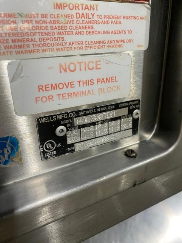 Wells Commercial Stainless Steel 3-Well Hot Food Table, model MOD300TDM, serial M3TD9616A3316, 208/240V, thermostatic control.