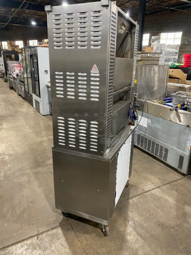 Rotisol Model 9505 rotisserie oven, stainless steel, natural gas, with enclosed cabinet base, tempered glass doors, on casters.