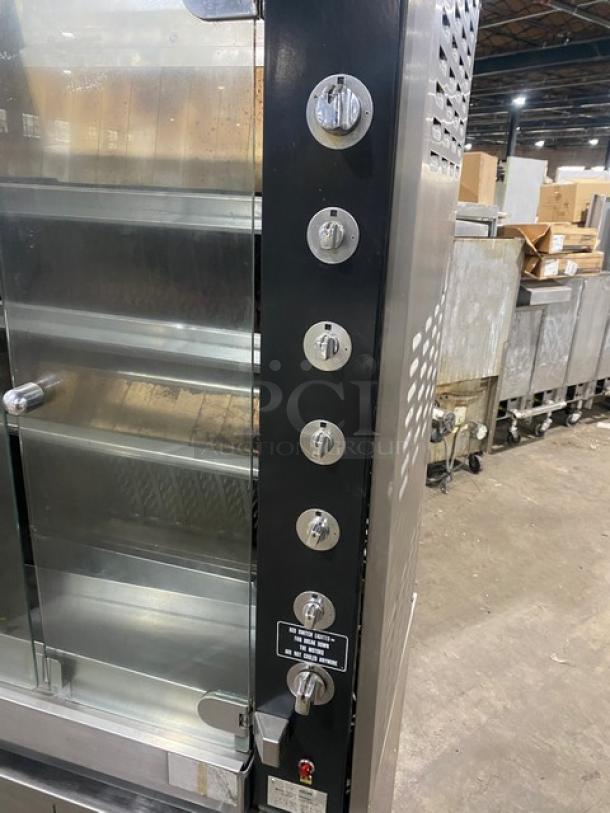 Rotisol 9505 rotisserie oven, stainless steel, tempered glass doors, commercial, cabinet base, retractable workstation, SN: 3798.