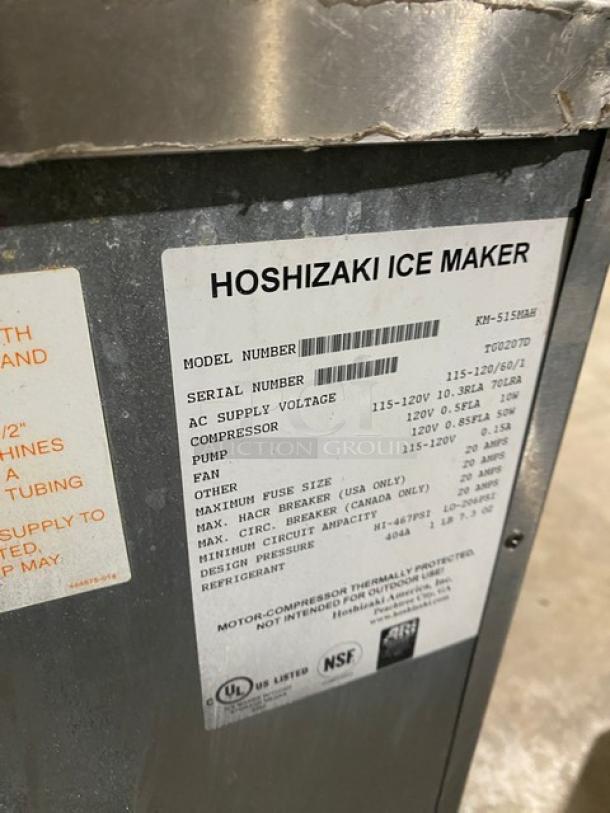 Hoshizaki KM-515MAH ice maker, stainless steel, electric, air-cooled, crescent cubes, 115-120V, serial T00207D, 1 phase.