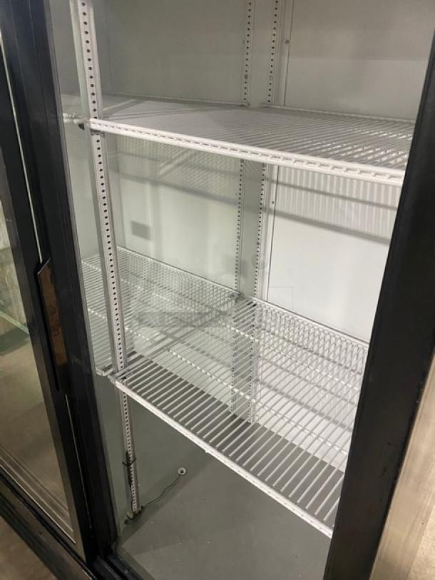 True Commercial Black Double Glass Sliding Door Refrigerator, Model GDM-45EM-LD, with poly-coated wire rack, 115V, 1 Phase.