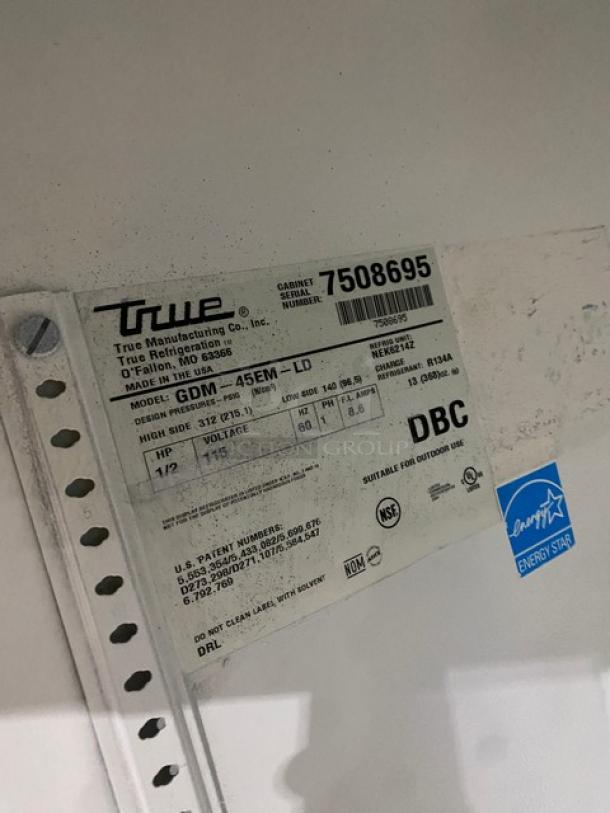 True GDM-45EM-LD refrigerator label, showing serial number 7508695, 115V, Energy Star certified, NSF rated, made in the USA.