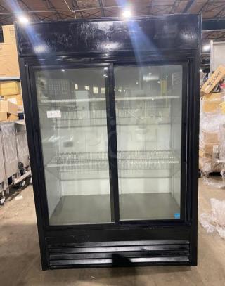 True GDM-45EM-LD black double glass sliding door reach-in merchandiser refrigerator with poly coated wired rack. Model: GDM45EMLD.