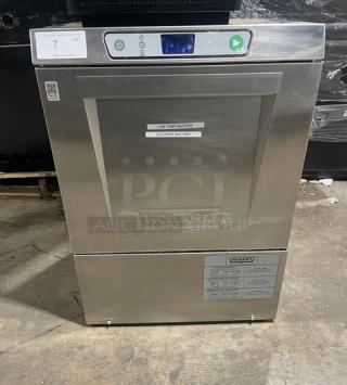 Hobart LXEC Advansys stainless steel undercounter dishwasher, Energy Star certified, with full-size peg rack, model details visible.