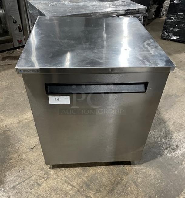Delfield stainless steel single door undercounter refrigerator, model 406P-STAR2, with coated wired rack, on casters, 27".