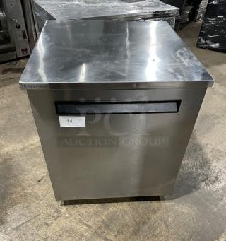 Delfield stainless steel single door undercounter refrigerator, model 406P-STAR2, with coated wired rack, on casters, 27".