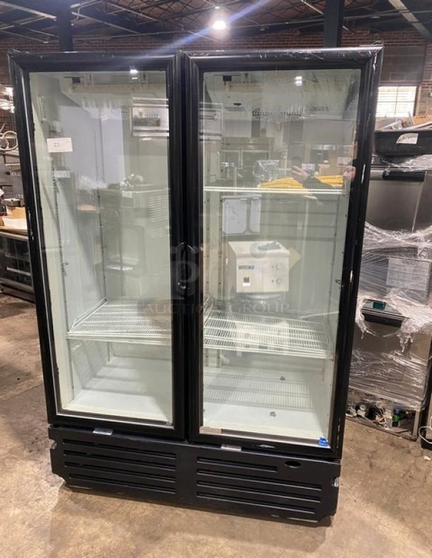 Imbera VRD43 commercial black double glass door merchandiser refrigerator, Energy Star certified, poly-coated wired racks.