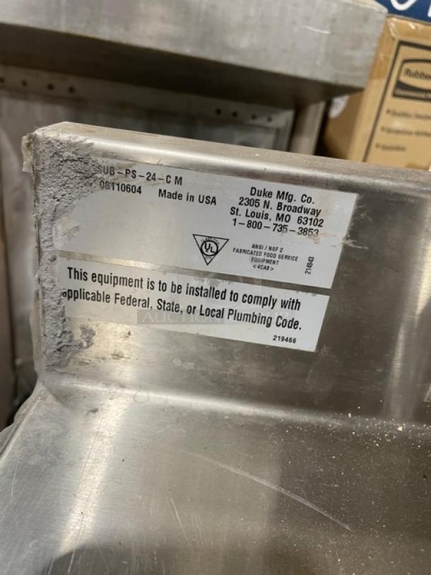 Duke SUBPS24CM stainless steel hand washing cabinet with back and right-side splash, Model SUB-PS-24-C M.