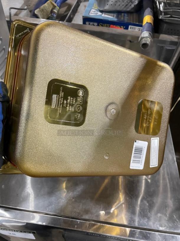 Rubbermaid Commercial Amber High Heat 1/2-Size 4" Deep Food Pan, Model FG224P00AMBR, new with labels visible.