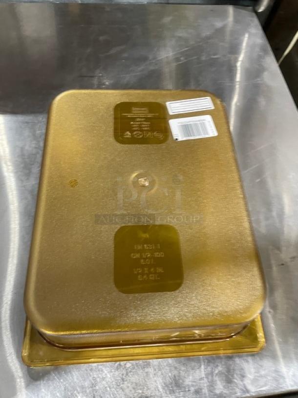 Rubbermaid Commercial Amber High Heat 1/2-Size 4" Deep Food Pan, model FG224P00AMBR. Brand new, durable material.