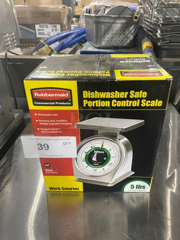 Rubbermaid 605SRW stainless steel portion control scale, 5 lb capacity, dishwasher safe, new in box, model 605SRW.