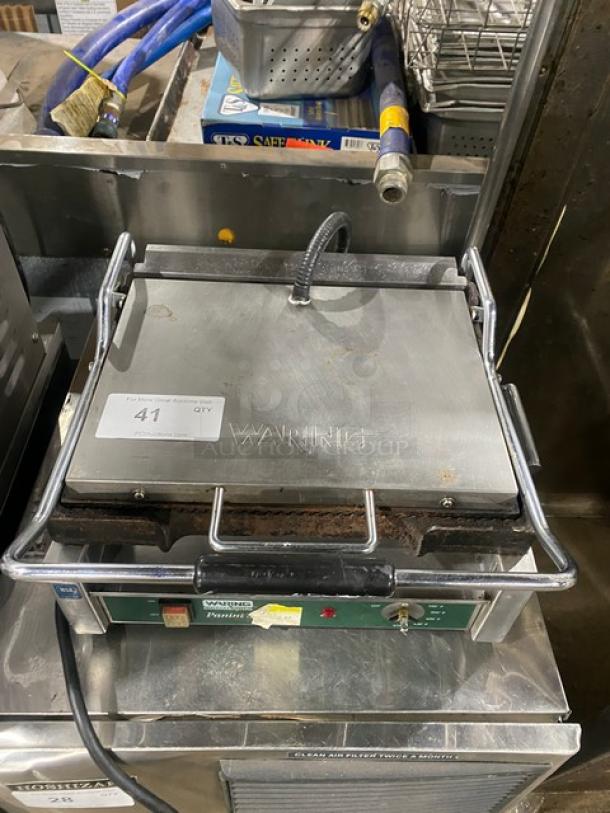 Waring Commercial Stainless Steel Panini Press Grill, Model WPG250, electric-powered, countertop design, used condition.