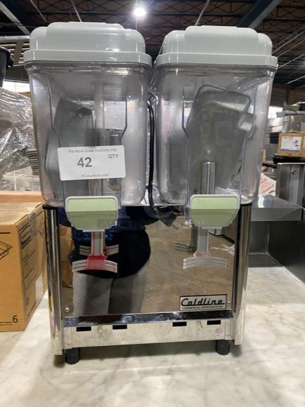 Coldline Royal2P stainless steel beverage dispenser, dual 3-gallon polycarbonate hoppers, drip tray, model KL210282102D0041, 120V.