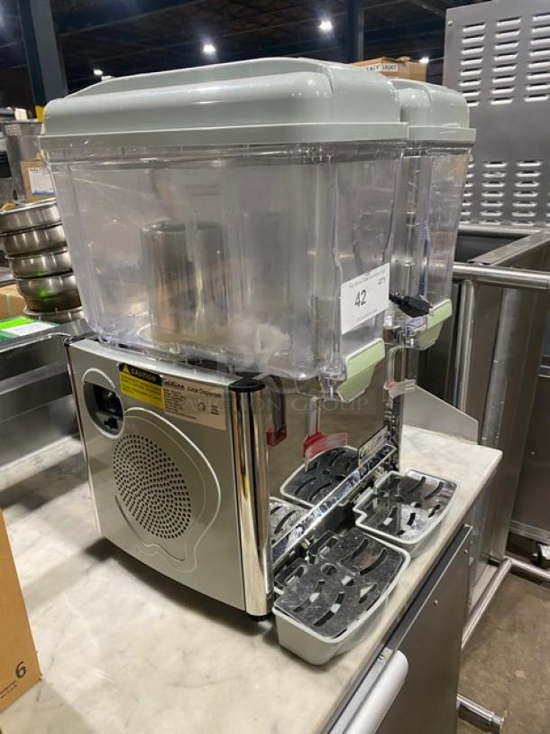 Coldline Royal-2P refrigerated countertop dual 3-gallon beverage dispenser with polycarbonate hoppers and drip tray, 120V.