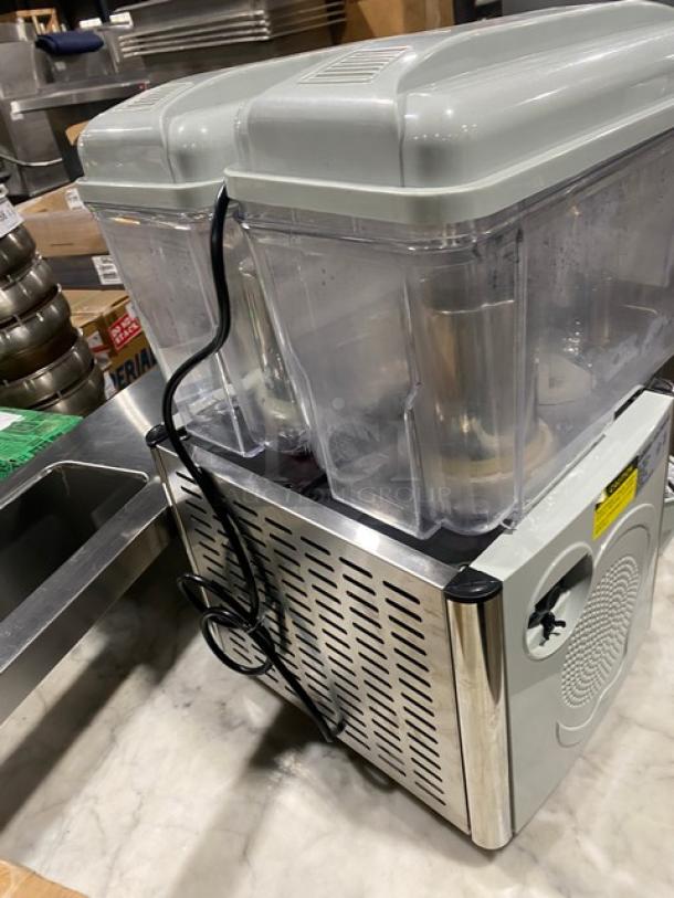 Coldline Royal2P stainless steel beverage dispenser, dual 3-gallon polycarbonate hoppers, drip tray, 120V, SN: KL210282102D0041.