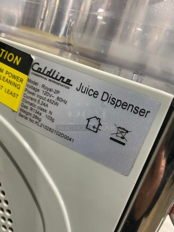 Coldline Royal-2P Juice Dispenser, stainless steel, dual 3-gallon polycarbonate hoppers, model: KL210282102D0041, 120V.