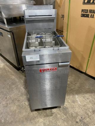 Vulcan LG400 commercial stainless steel natural gas fryer with back splash, basket hanger, fry baskets, and casters.