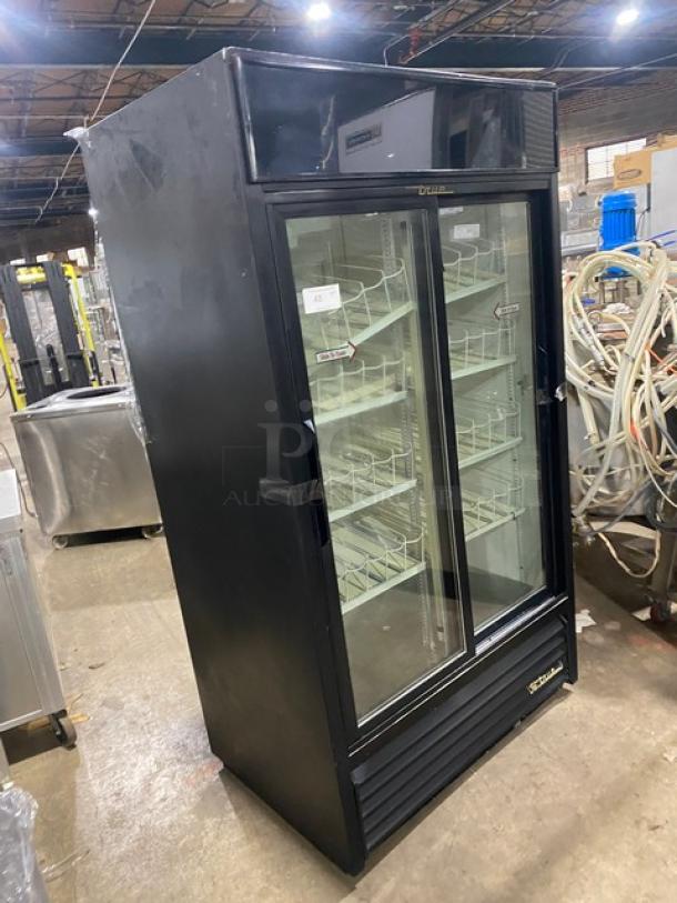 True Commercial Black Double Glass Sliding Door Merchandiser Refrigerator, Model GDM-37, with poly-coated wired rack.
