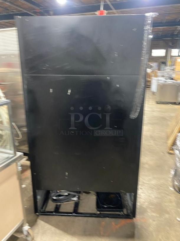 True GDM-37 black double glass sliding door reach-in merchandiser refrigerator, poly-coated rack, 115V, 1-phase.