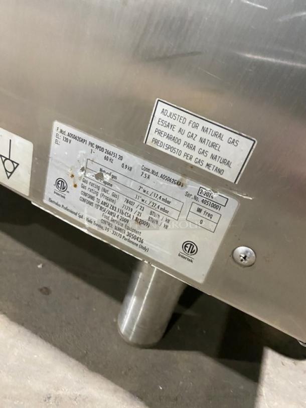 Electrolux AOS062GKP1 commercial combi oven, stainless steel, natural gas, with touch controls and wired oven rack; tags show model and specs.