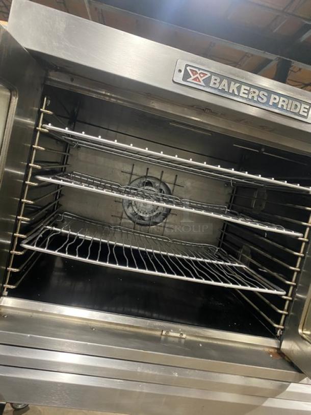 Bakers Pride Cyclone Series stainless steel gas convection oven, single stack, with wired rack, on casters, excellent condition.