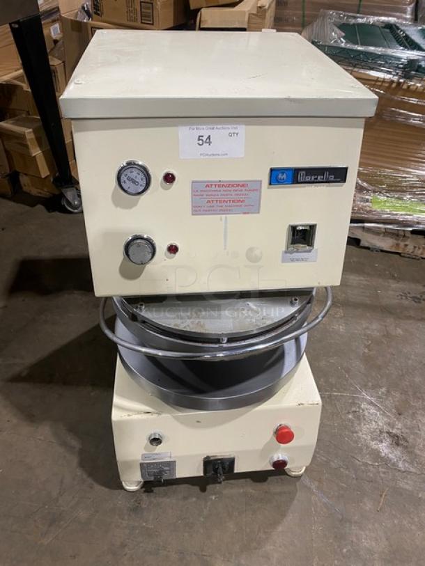 Morello commercial white electric pizza dough spinner/stretcher/press, on legs, visible gauges and controls, working condition.