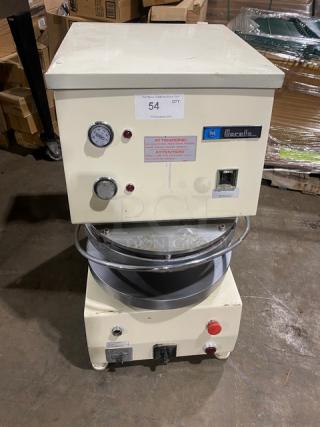 Morello commercial white electric pizza dough spinner/stretcher/press, on legs, visible gauges and controls, working condition.