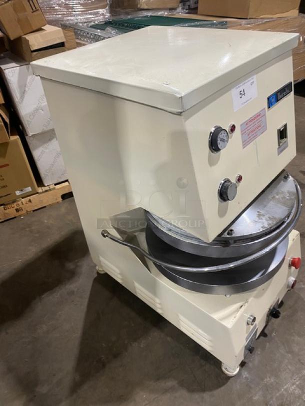 Morello white electric pizza dough spinner machine, commercial grade, on legs, in working condition with control knobs.