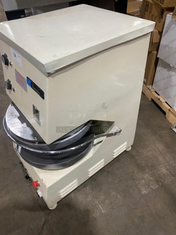 Morello commercial white electric pizza dough spinner/stretcher on legs, showing labels and control knobs, in used condition.